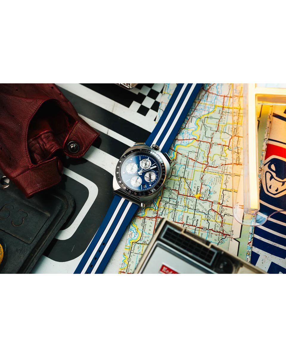 Bulova Limited Edition Shelby Racer Watch with Blue Dial and Blue and White Strap (quartz movement)
