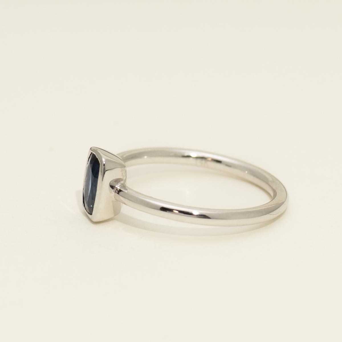 Cushion Cut Ceylon Sapphire Bezel Ring in 14kt White Gold
