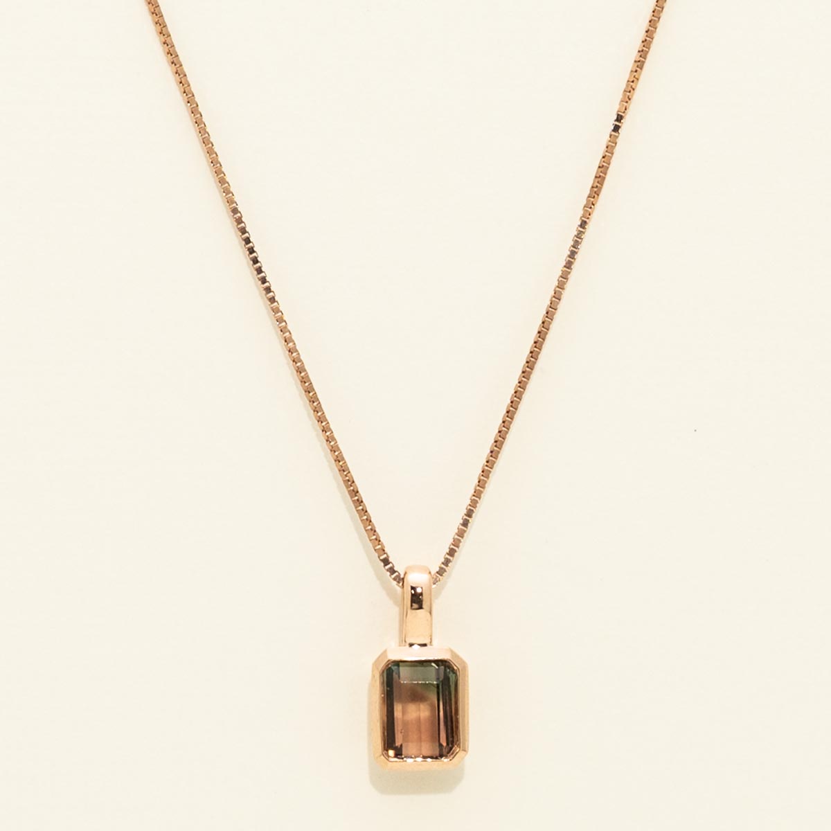 Emerald Cut Maine Bicolor Tourmaline Necklace in 14kt Rose Gold