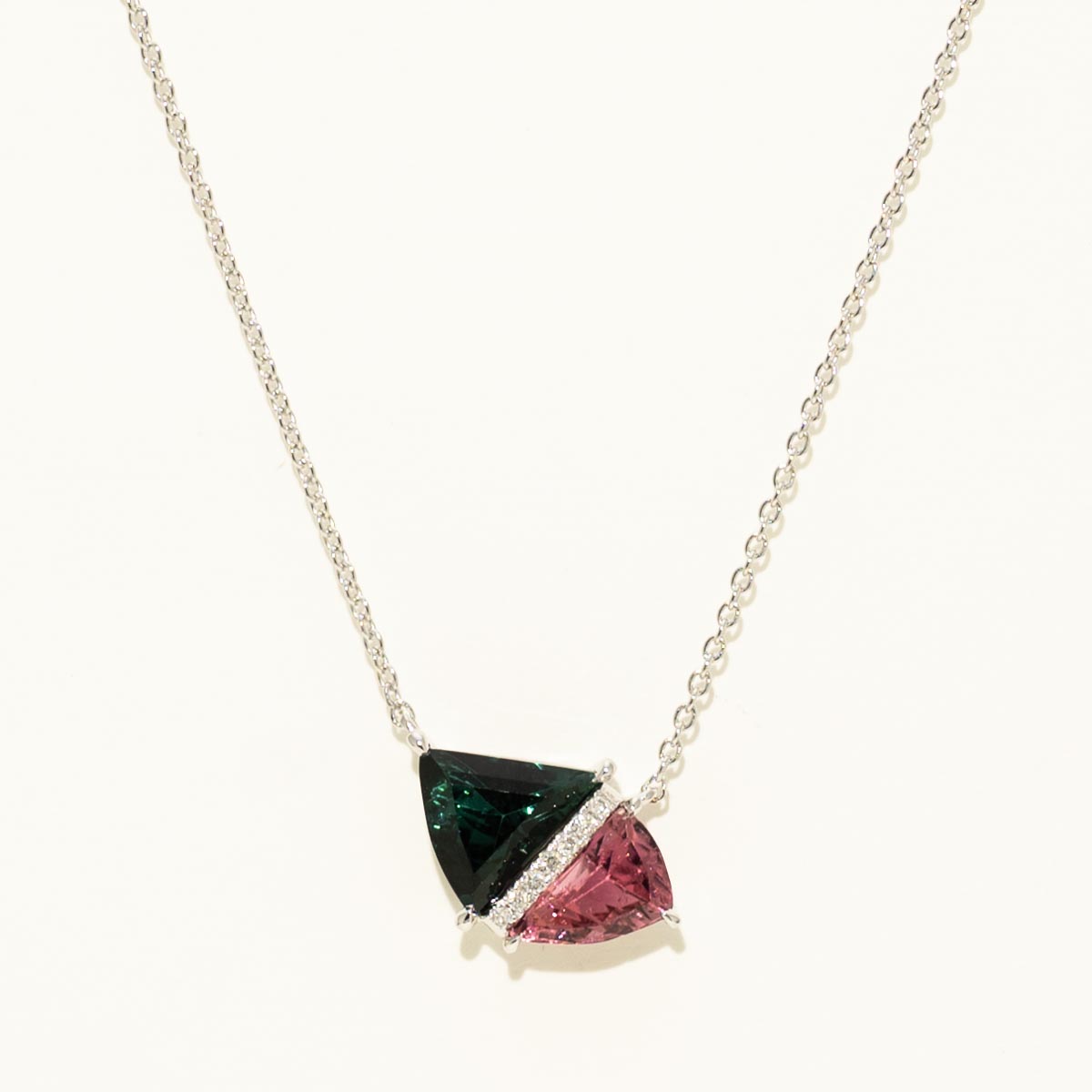Maine Green and Pink Tourmaline Necklace in 14kt White Gold with Diamonds (.04ct tw)