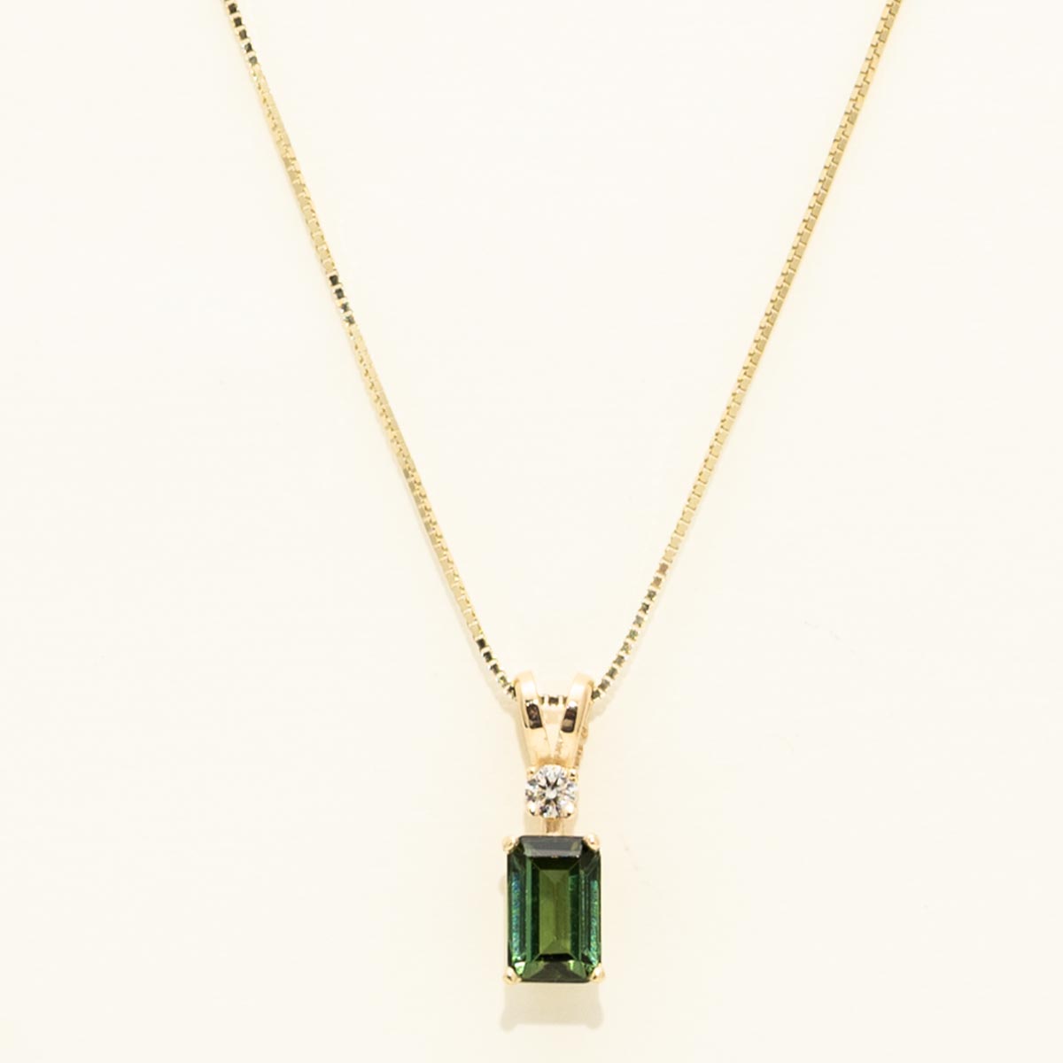 Emerald Cut Maine Green Tourmaline Necklace in 14kt Yellow Gold with Diamonds (.04ct tw)
