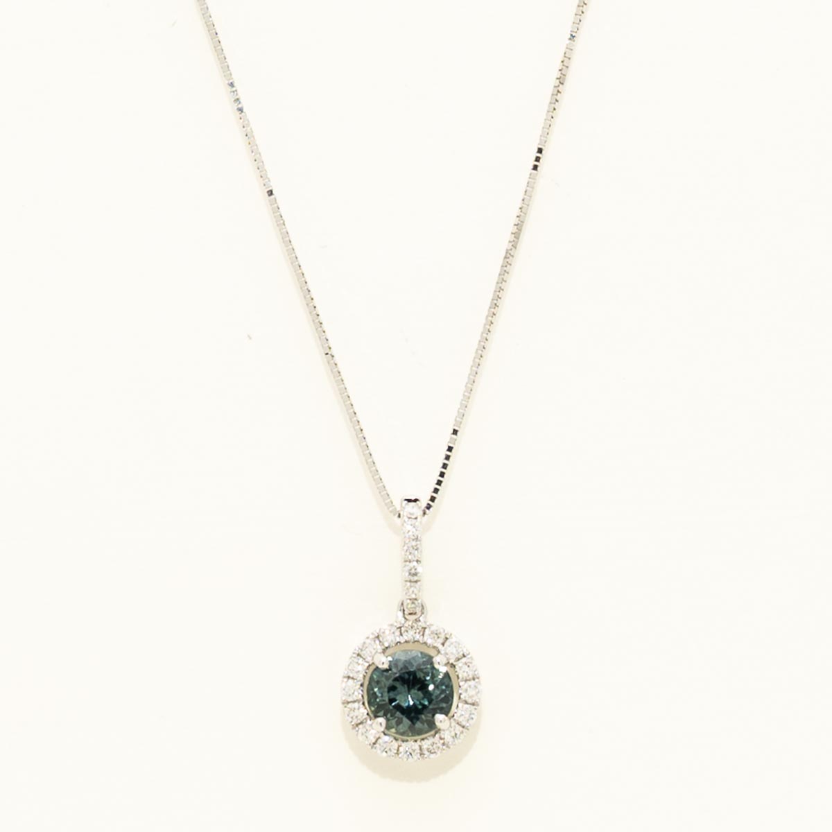 Montana Sapphire Halo Necklace in 14kt White Gold with Diamonds (1/7ct tw)