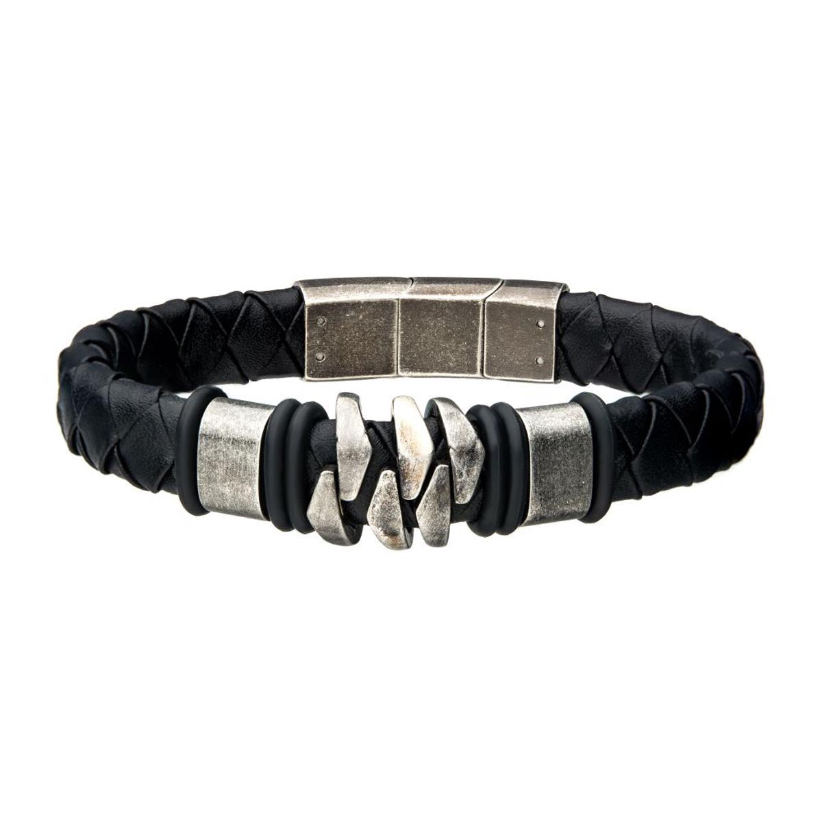 Mens Bracelet in Black Leather and Stainless Steel (8.25-8.75 inches)