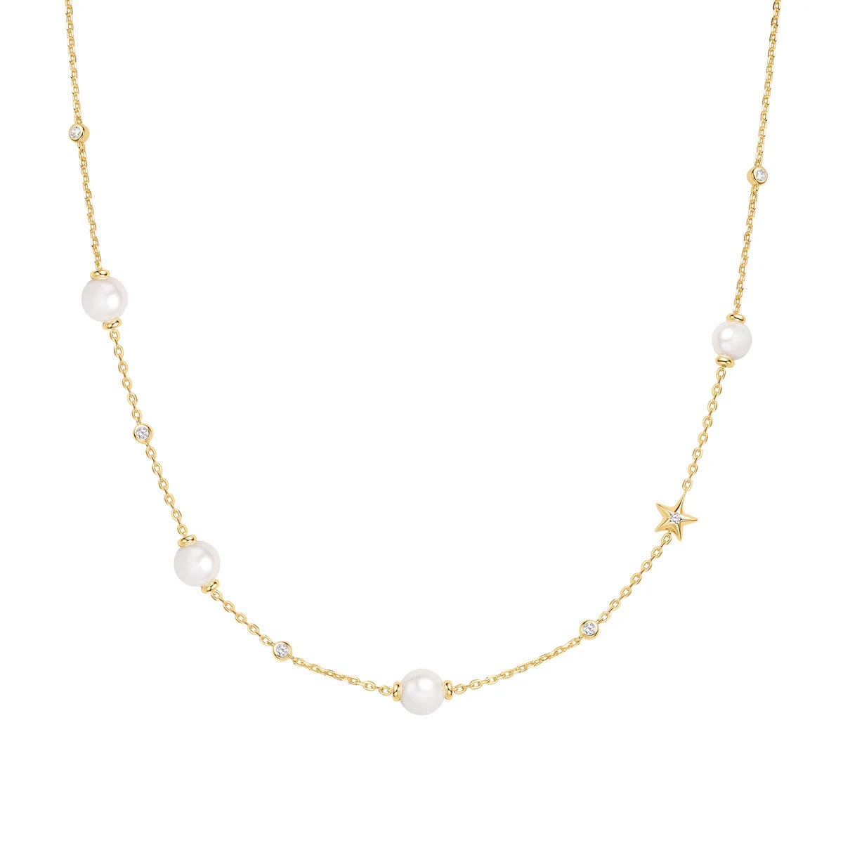 Ania Haie Shell Pearl Station Necklace with Cubic Zirconia in Sterling Silver with 14kt Gold Plate