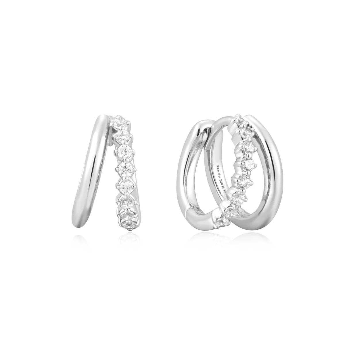 Ania Haie Cubic Zirconia and Plain Double Huggie Hoop Earrings in Sterling Silver with 14kt Gold Plate
