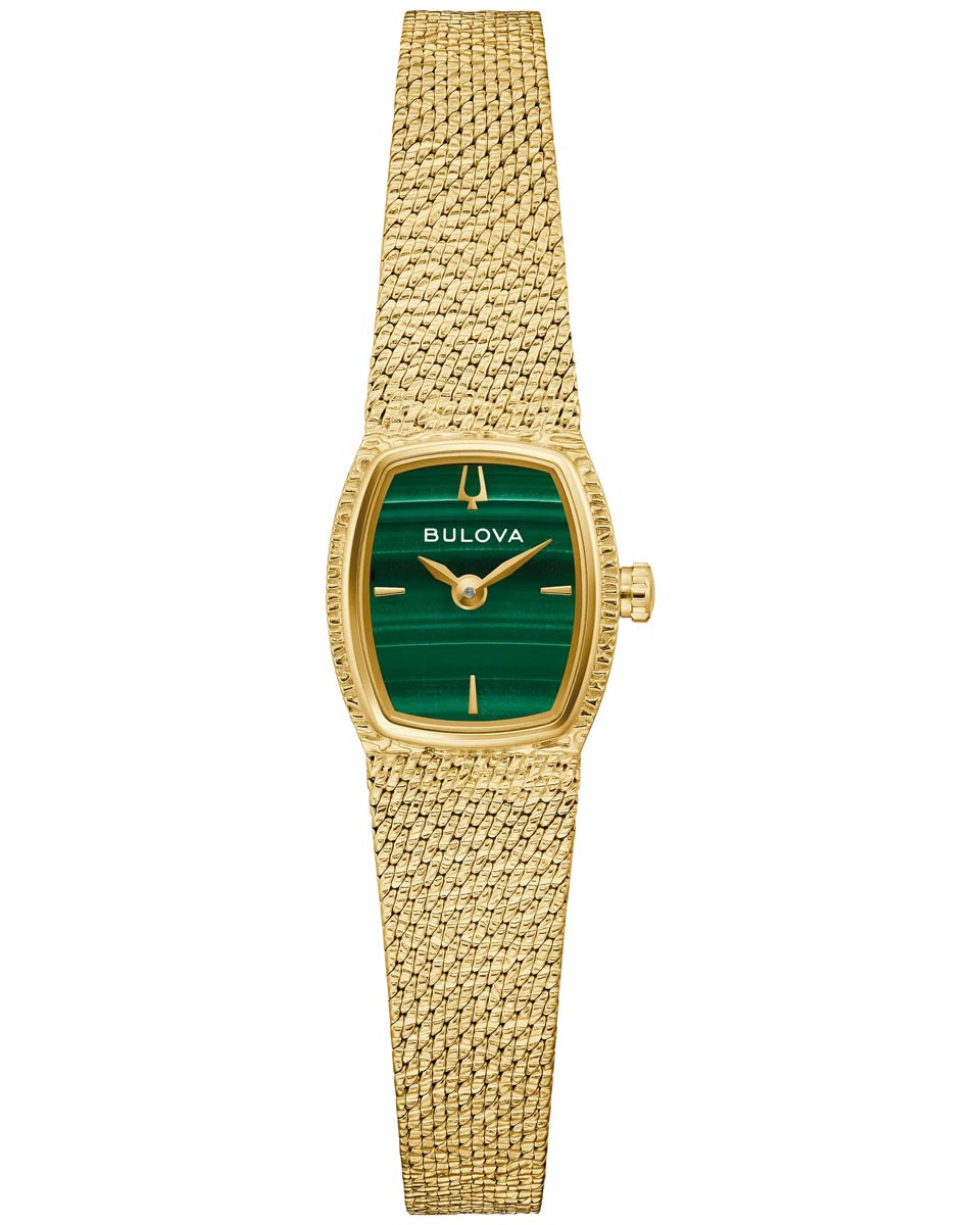 Bulova Goddess of Time Watch with Green Malachite Dial and Yellow Stainless Steel Bracelet (17mm and quartz movement)