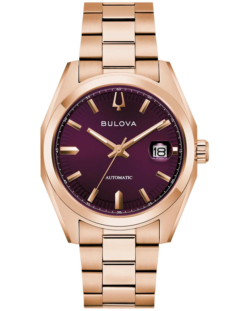 Bulova Surveyor Watch with Purple Dial and Pink Stainless Steel Bracelet (39mm and automatic movement)