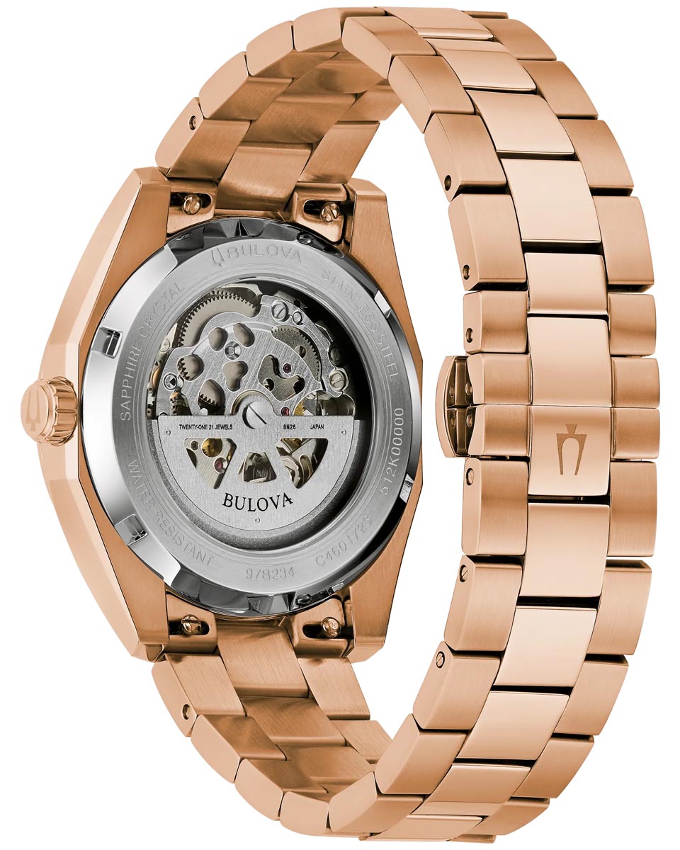Bulova Surveyor Watch with Purple Dial and Pink Stainless Steel Bracelet (39mm and automatic movement)