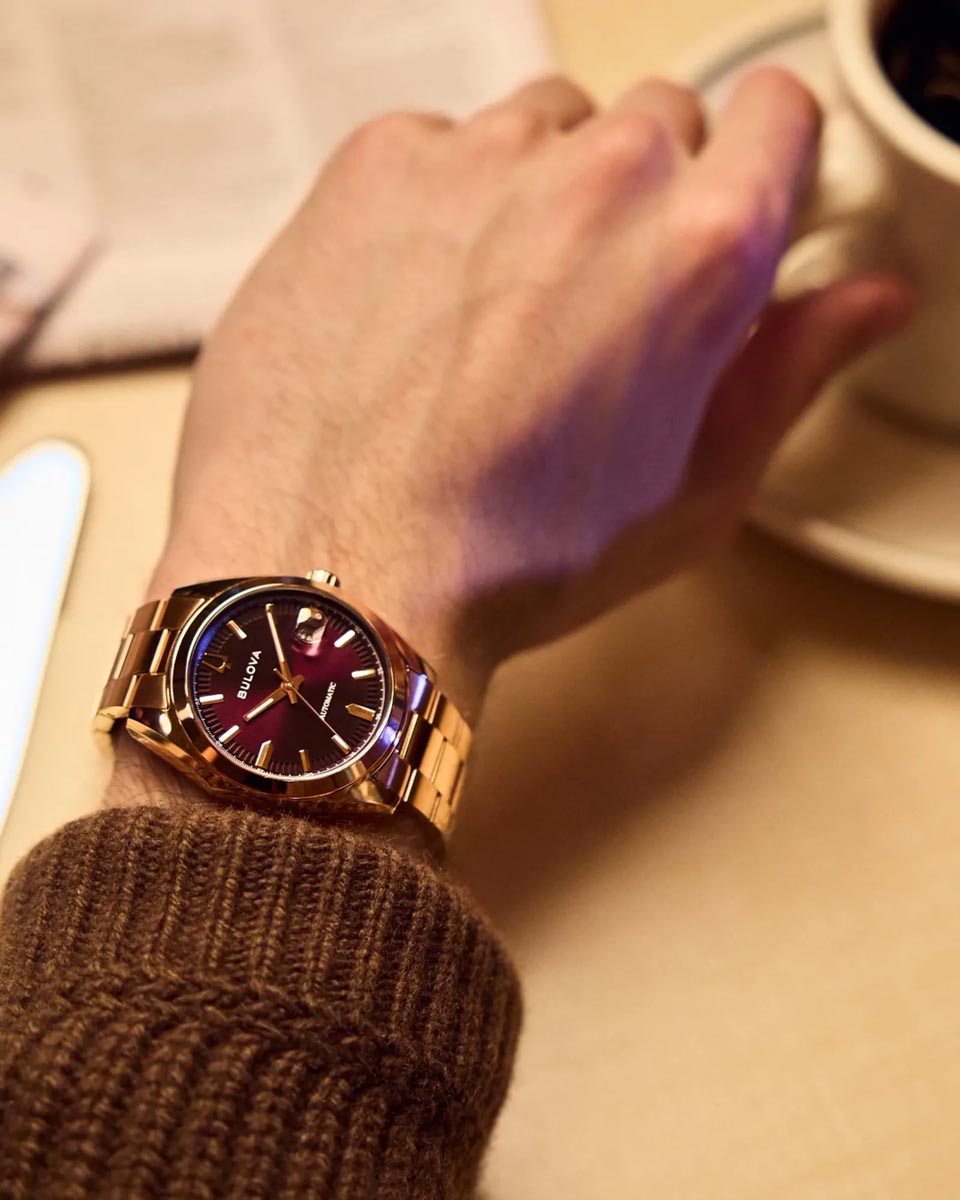 Bulova Surveyor Watch with Purple Dial and Pink Stainless Steel Bracelet (39mm and automatic movement)