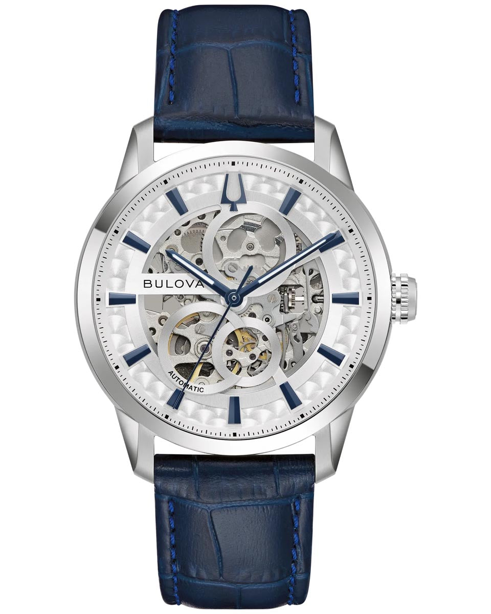 Bulova Sutton Watch with Stainless Steel Skeleton Dial and Blue Leather Strap (40mm and automatic movement)