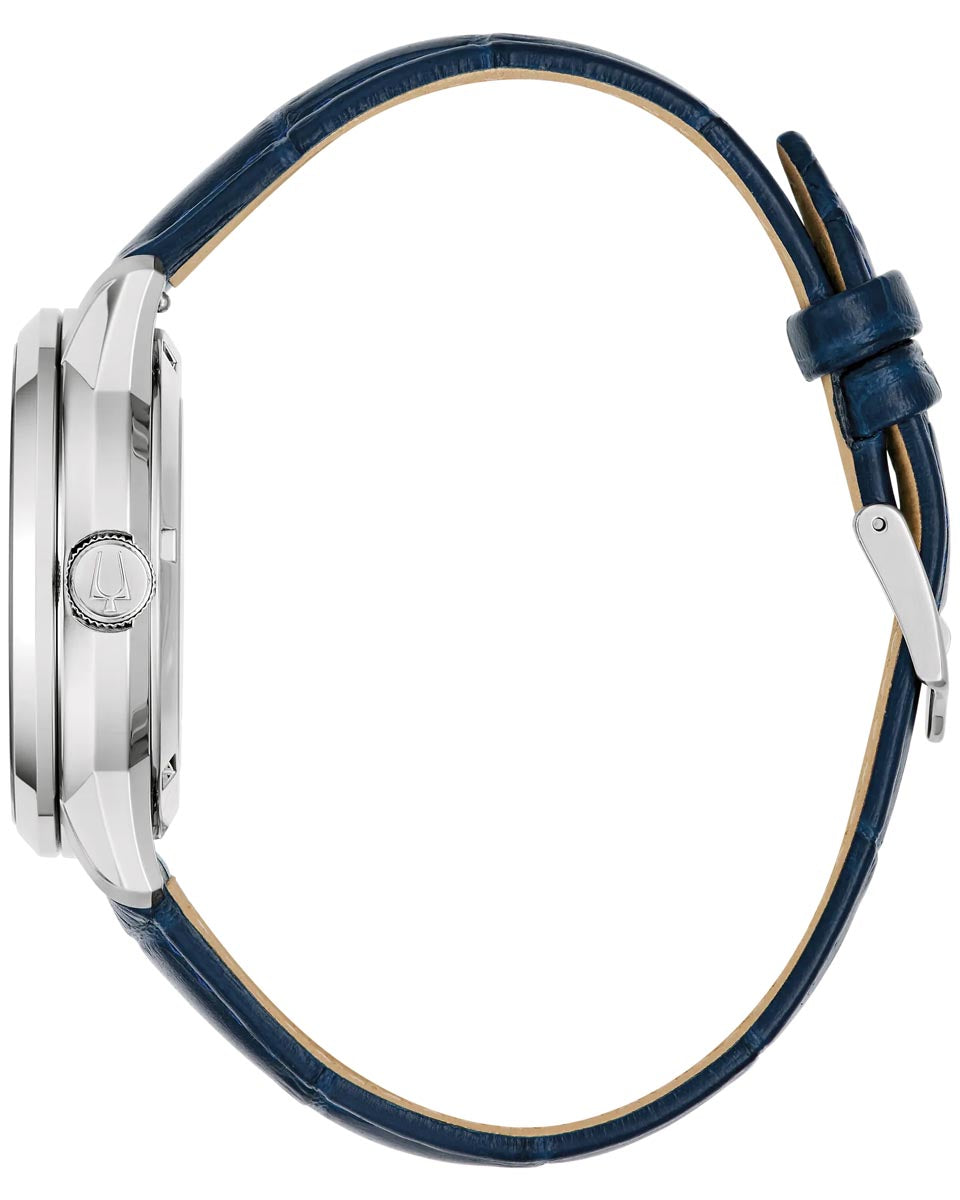 Bulova Sutton Watch with Stainless Steel Skeleton Dial and Blue Leather Strap (40mm and automatic movement)