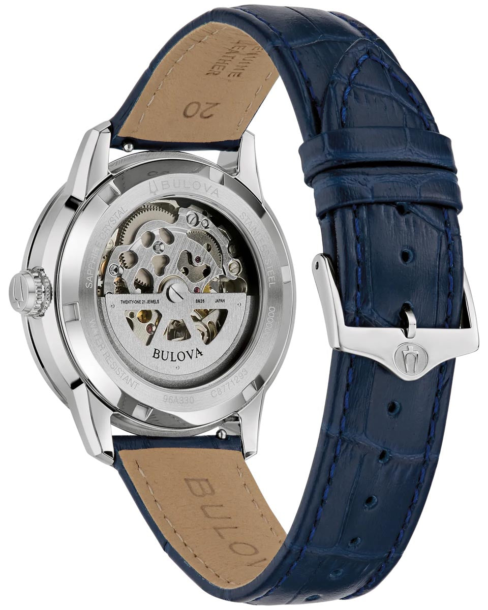Bulova Sutton Watch with Stainless Steel Skeleton Dial and Blue Leather Strap (40mm and automatic movement)