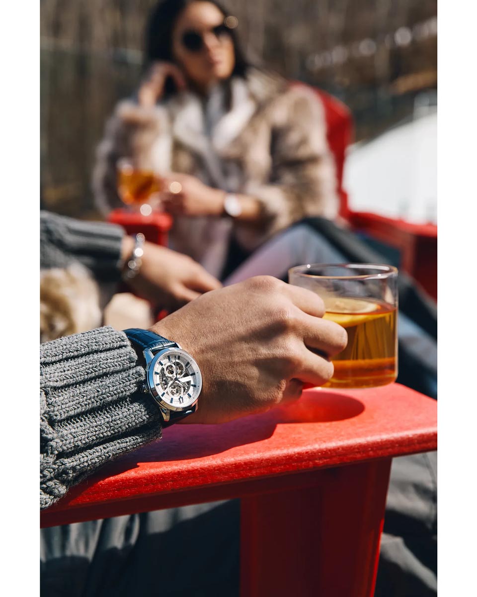 Bulova Sutton Watch with Stainless Steel Skeleton Dial and Blue Leather Strap (40mm and automatic movement)