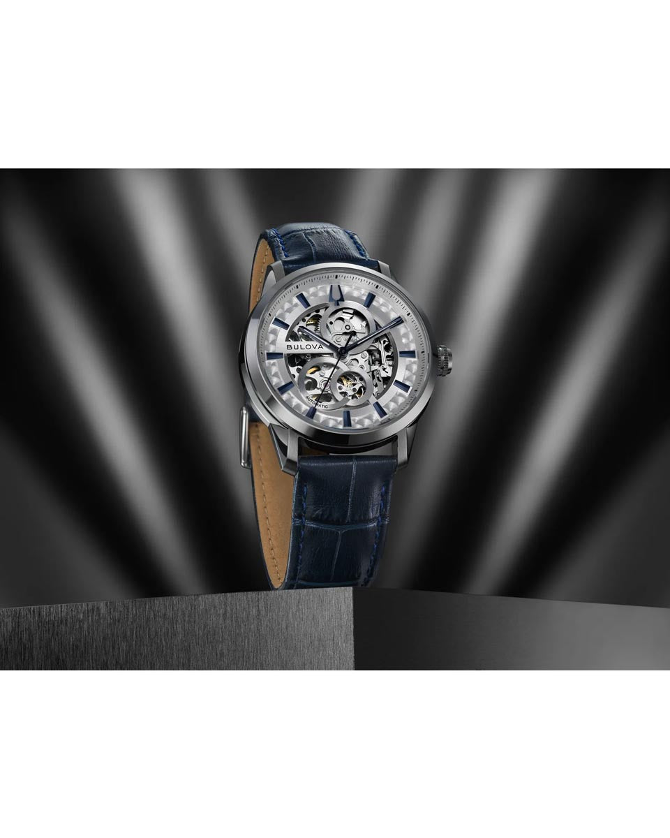 Bulova Sutton Watch with Stainless Steel Skeleton Dial and Blue Leather Strap (40mm and automatic movement)