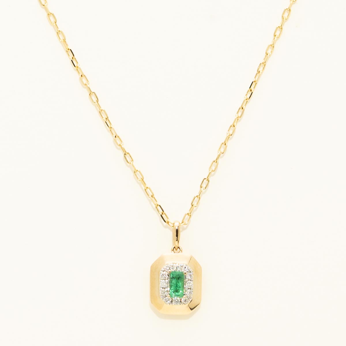 Madison L Arianna Emerald Cut Emerald Halo Necklace in 14kt Yellow Gold with Diamonds (1/20ct tw)