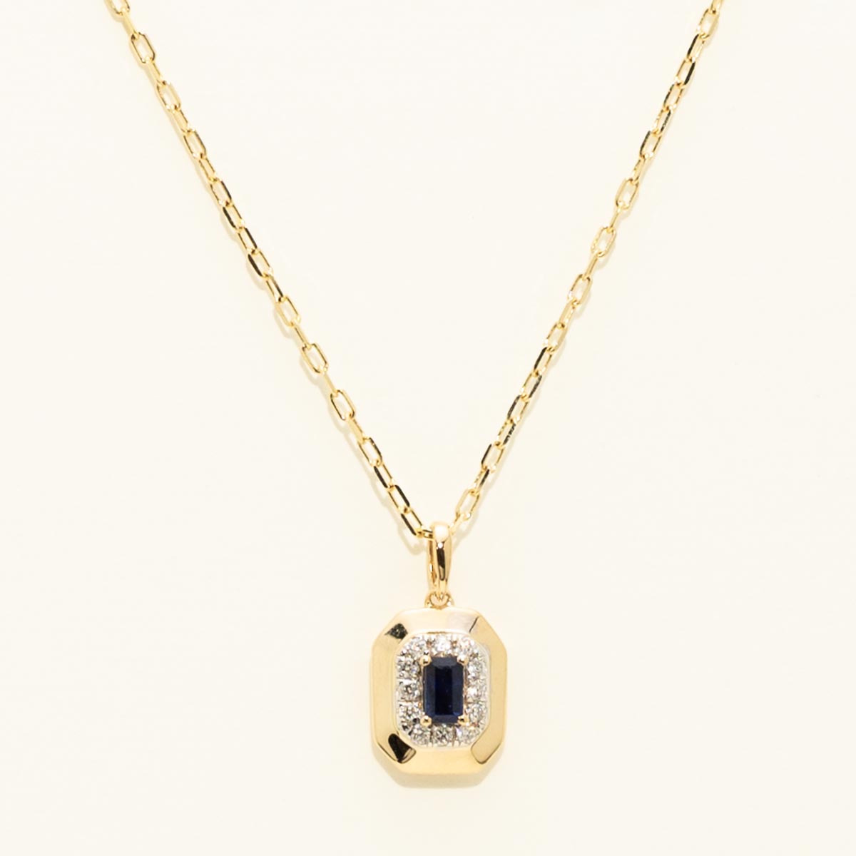 Madison L Arianna Emerald Cut Sapphire Halo Necklace in 14kt Yellow Gold with Diamonds (1/20ct tw)