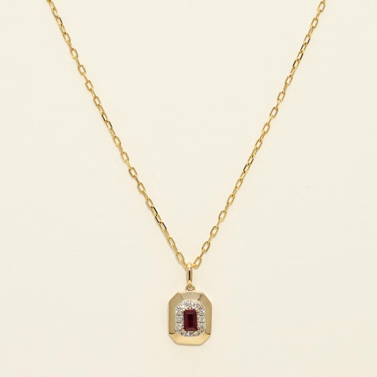 Madison L Arianna Emerald Cut Ruby Halo Necklace in 14kt Yellow Gold with Diamonds (1/20ct tw)