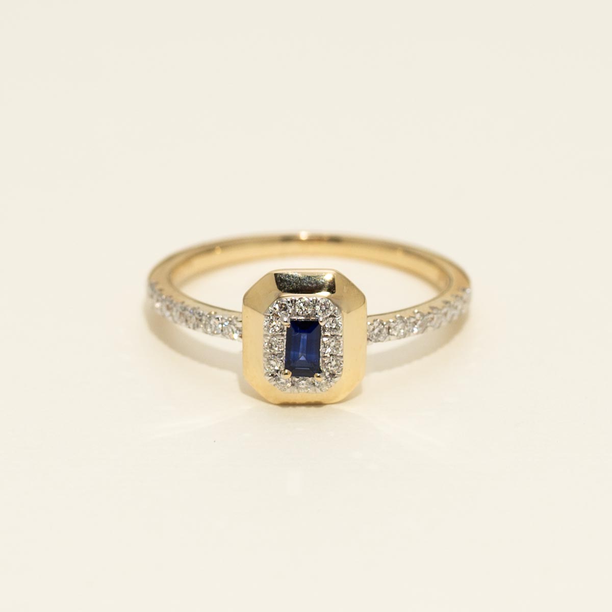 Madison L Arianna Emerald Cut Sapphire Halo Ring in 14kt Yellow Gold with Diamonds (1/5ct tw)