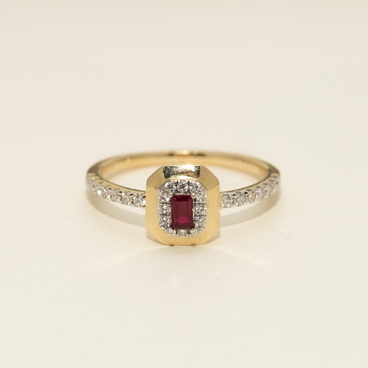 Madison L Arianna Emerald Cut Ruby Halo Ring in 14kt Yellow Gold with Diamonds (1/5ct tw)