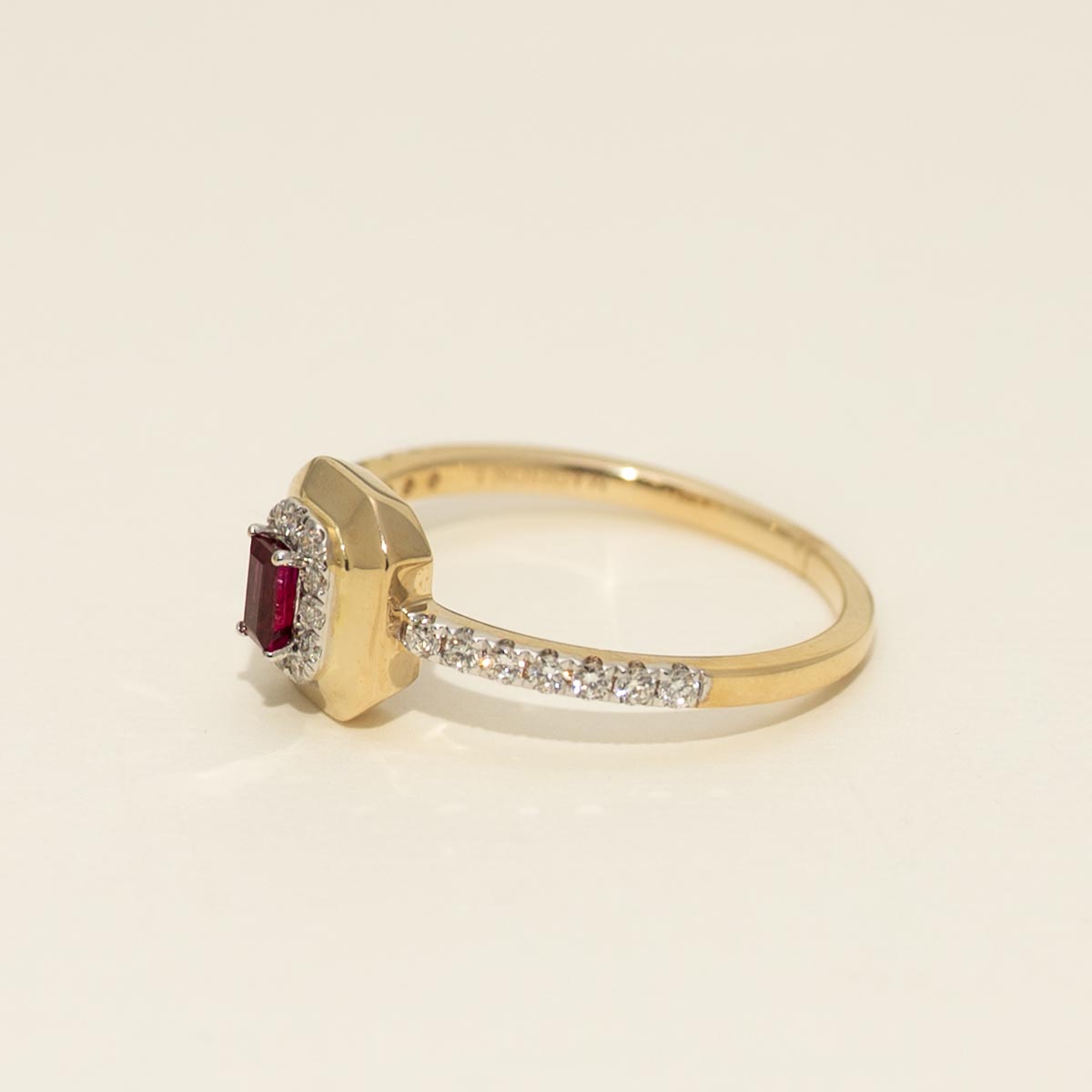 Madison L Arianna Emerald Cut Ruby Halo Ring in 14kt Yellow Gold with Diamonds (1/5ct tw)