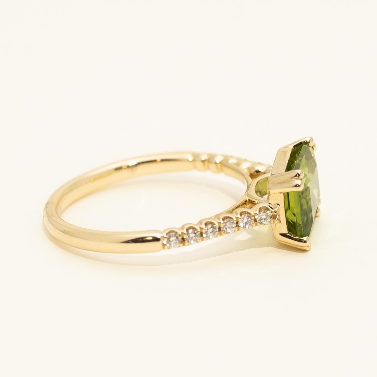Madison L Essentials Emerald Cut Peridot Ring in 14kt Yellow Gold with Diamonds (1/7ct tw)