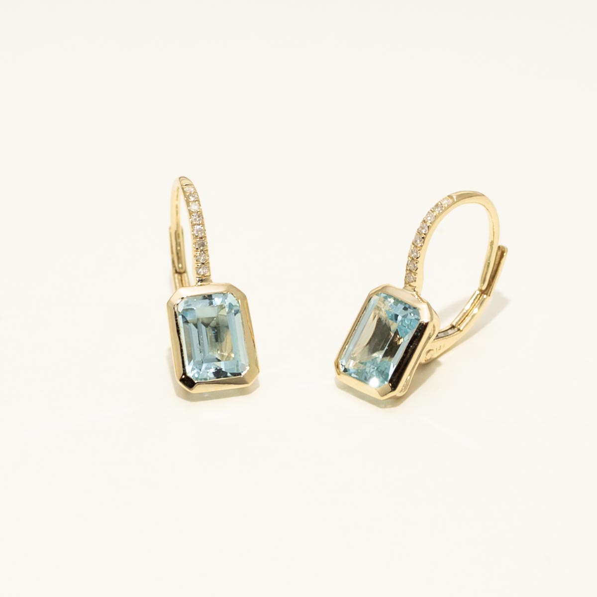 Madison L Essentials Emerald Cut Swiss Blue Topaz Earrings in 14kt Yellow Gold with Diamonds (1/20ct tw)