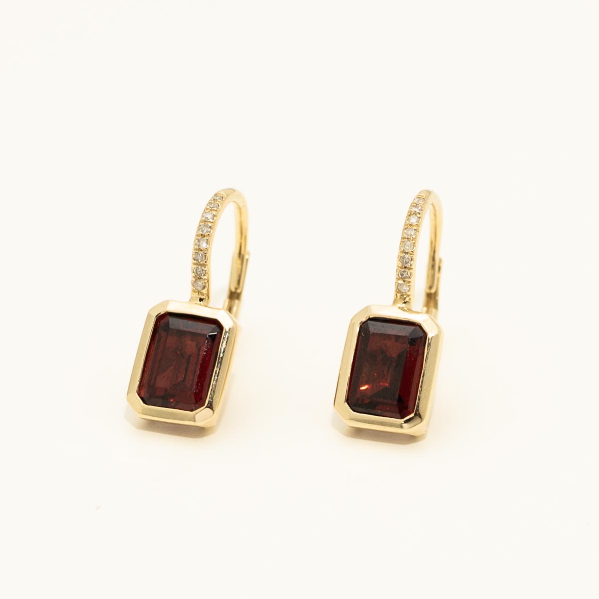 Madison L Essentials Emerald Cut Garnet Earrings in 14kt Yellow Gold with Diamonds (1/20ct tw)
