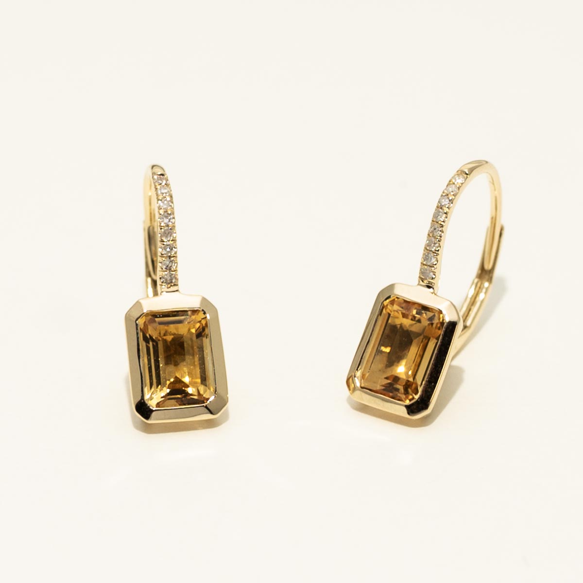 Madison L Essentials Emerald Cut Citrine Earrings in 14kt Yellow Gold with Diamonds (1/20ct tw)