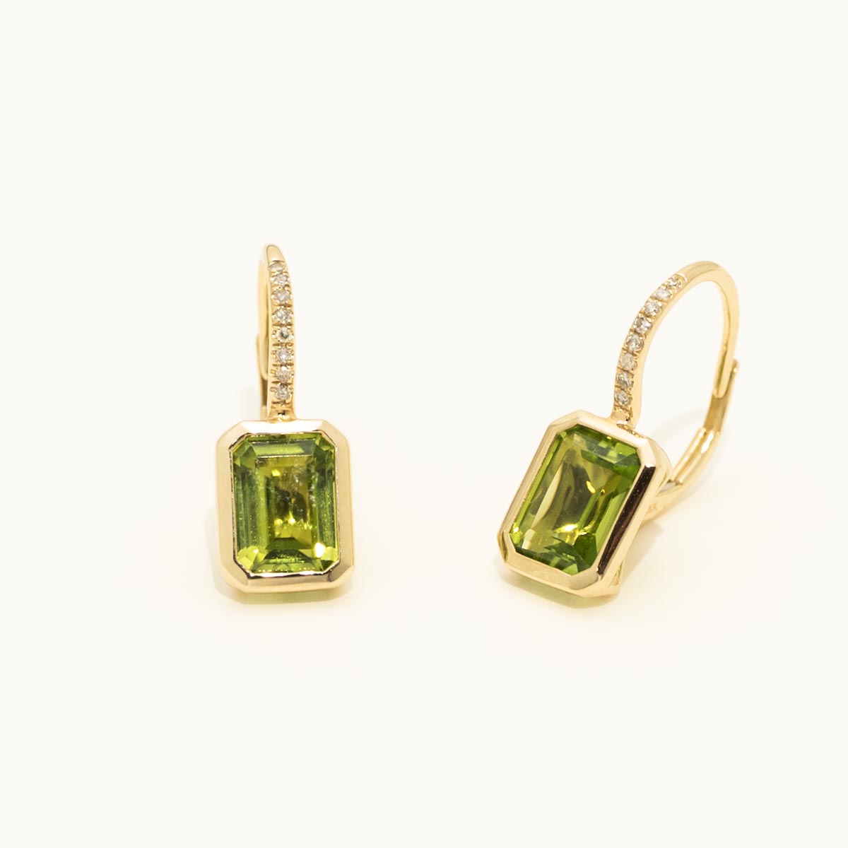 Madison L Essentials Emerald Cut Peridot Earrings in 14kt Yellow Gold with Diamonds (1/20ct tw)