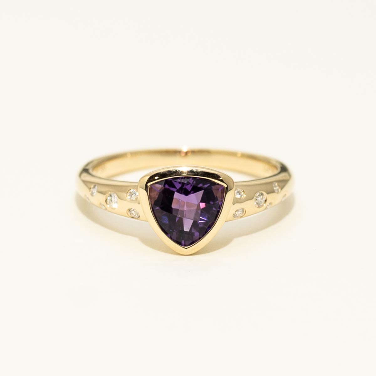 Trillion Cut Amethyst Ring in 14kt Yellow Gold with Diamonds (1/10ct tw)