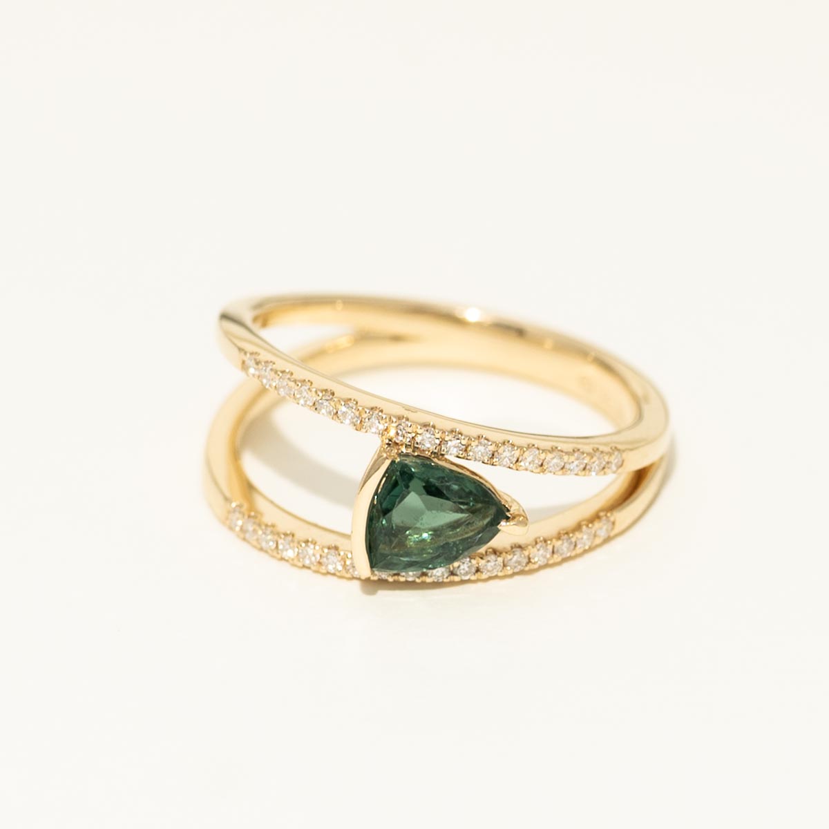 Maine Trillion Cut Green Tourmaline in 14kt Yellow Gold with Diamonds (1/7ct tw)