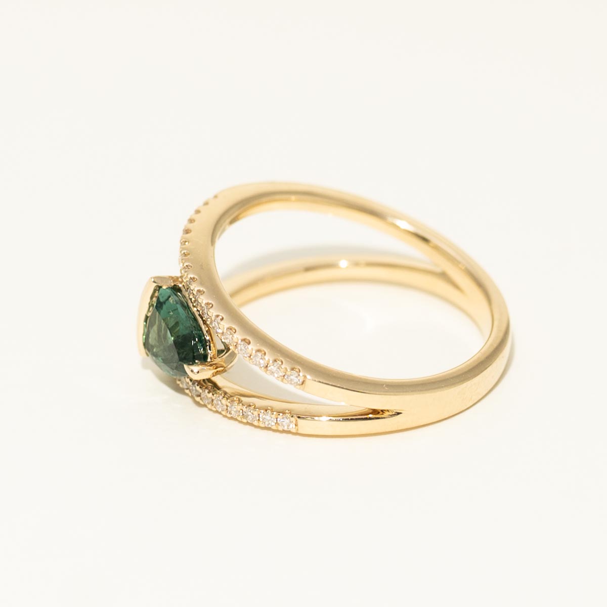 Maine Trillion Cut Green Tourmaline in 14kt Yellow Gold with Diamonds (1/7ct tw)