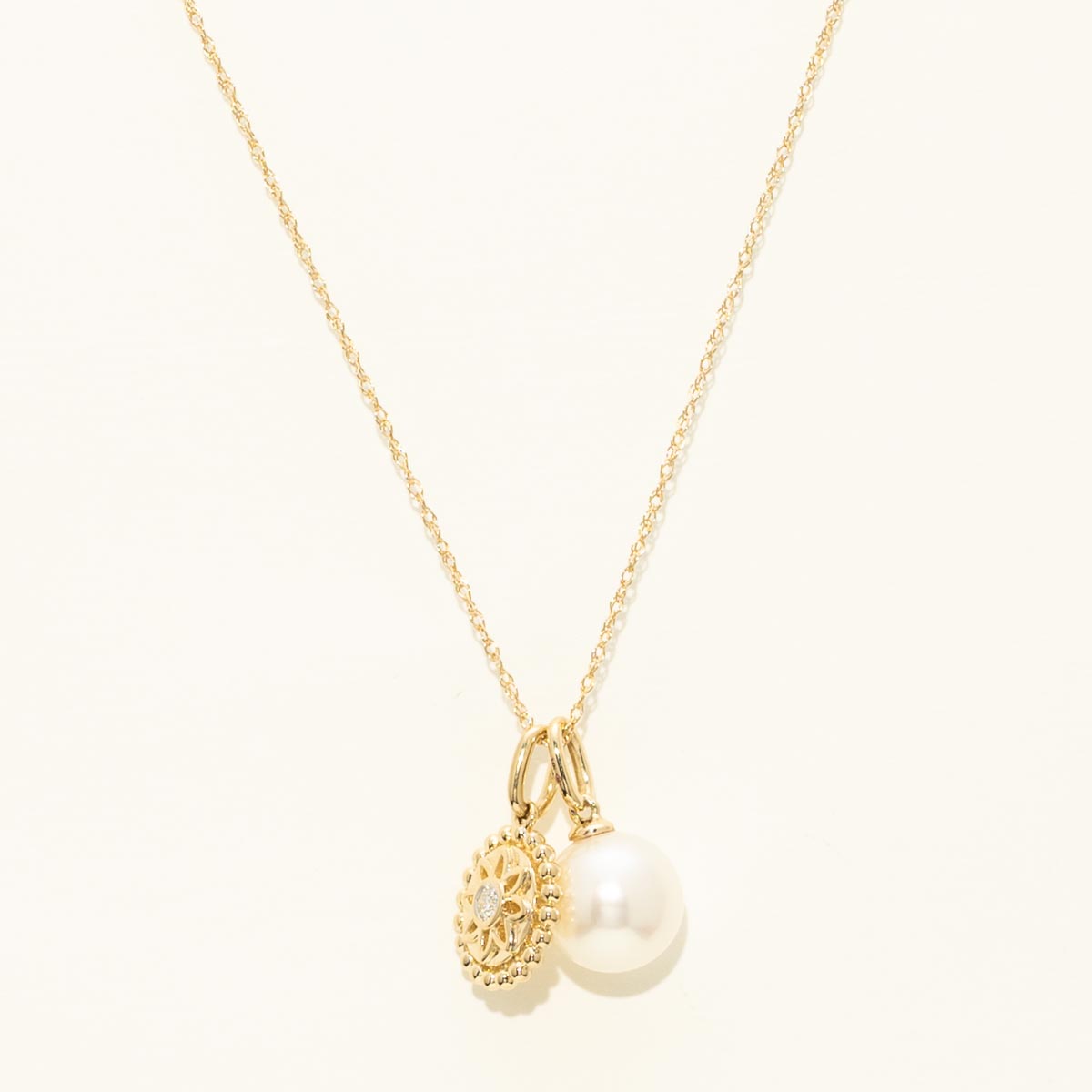 Cultured Freshwater Pearl and Disc Charm Necklace in 14kt Yellow Gold with Diamonds (.03ct tw and 8.5-9mm pearl)