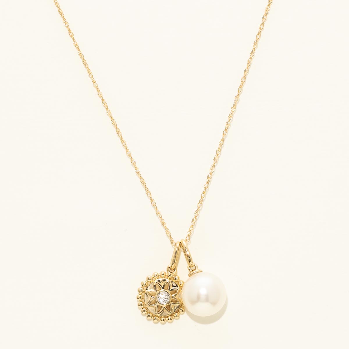 Cultured Freshwater Pearl and Disc Charm Necklace in 14kt Yellow Gold with Diamonds (.03ct tw and 8.5-9mm pearl)