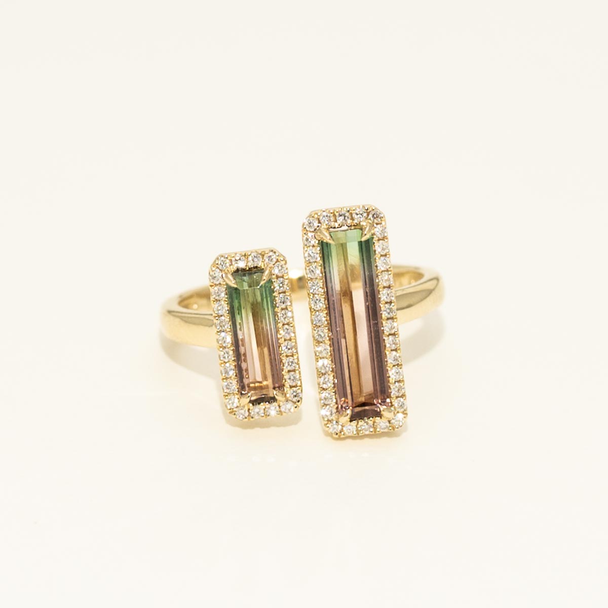 Emerald Cut Bicolor Tourmaline Ring in 14kt Yellow Gold with Diamonds (1/5ct tw)