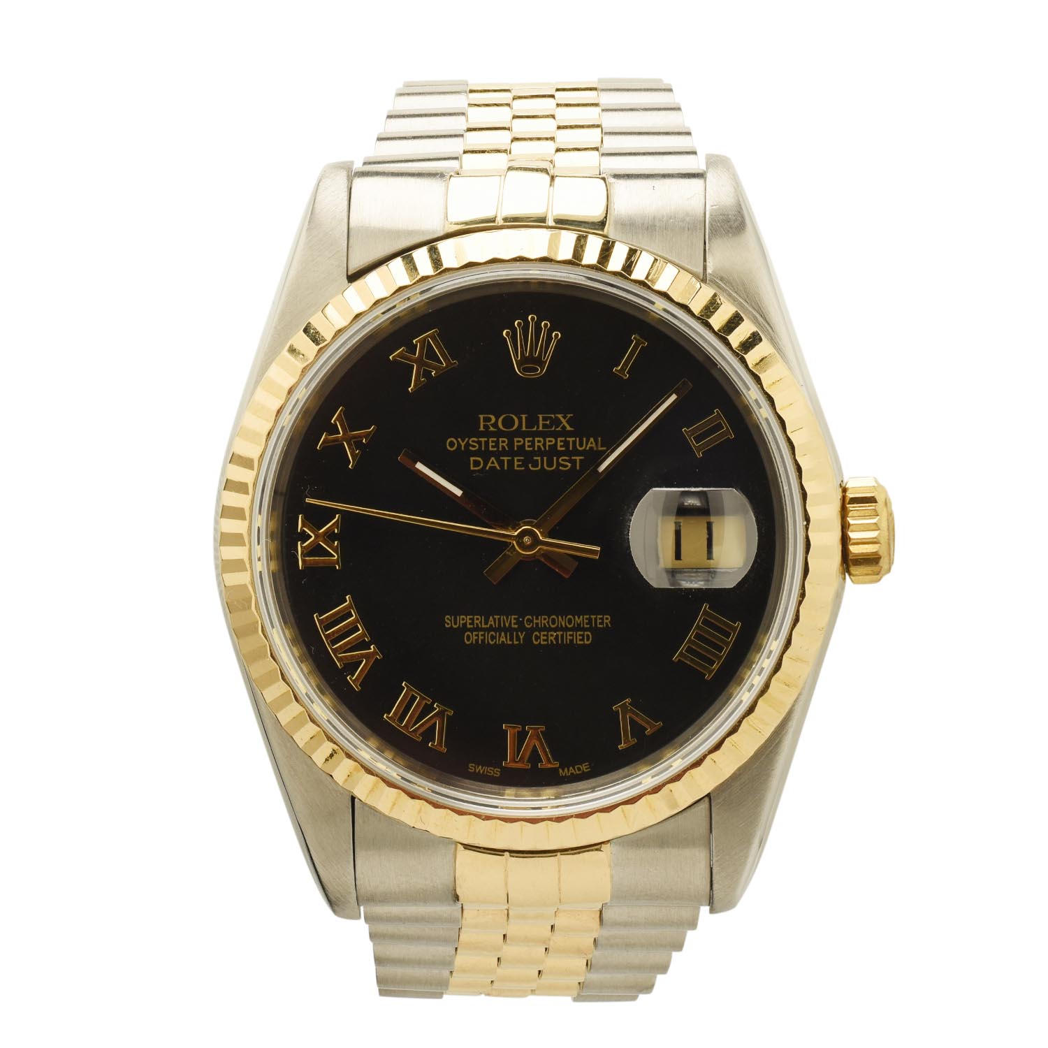 Pre Owned Rolex Oyster Perpertual Datejust with Black Roman Dial and 18kt Yellow Gold Fluted Bezel and Stainless Steel and 18kt Yellow Gold Jubilee  Bracelet (automatic