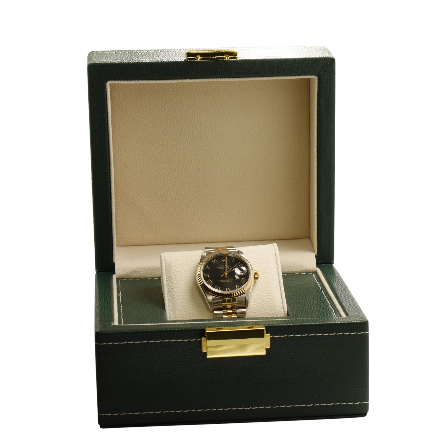 Pre Owned Rolex Oyster Perpertual Datejust with Black Roman Dial and 18kt Yellow Gold Fluted Bezel and Stainless Steel and 18kt Yellow Gold Jubilee  Bracelet (automatic