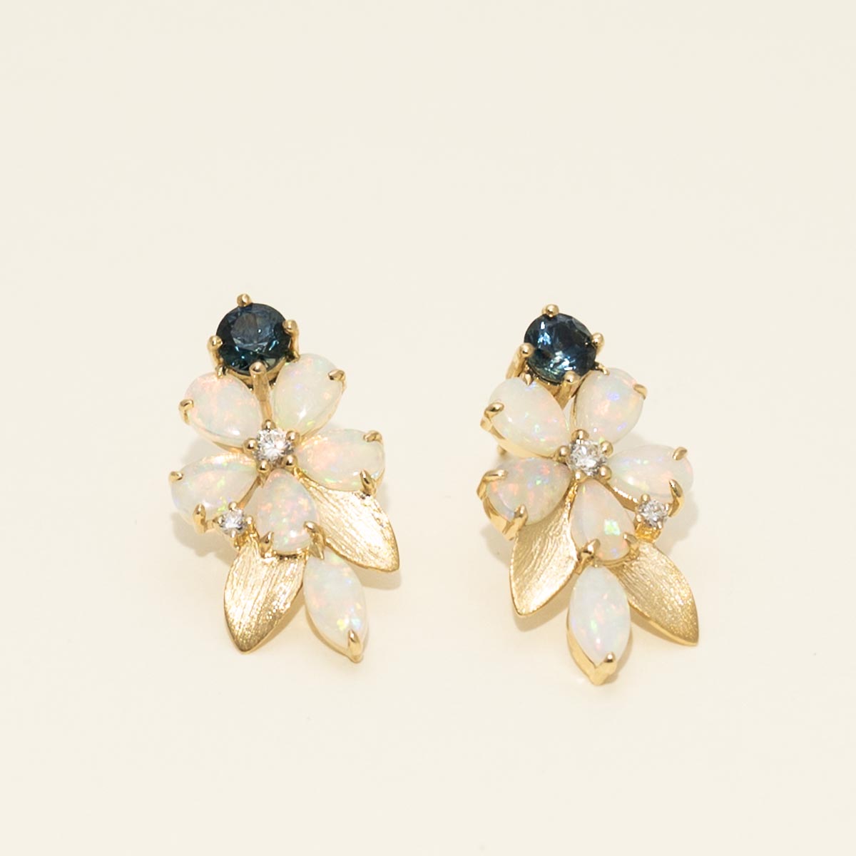 Australian Opal and Montana Sapphire Earrings in 14kt Yellow Gold with Diamonds (1/15ct tw)