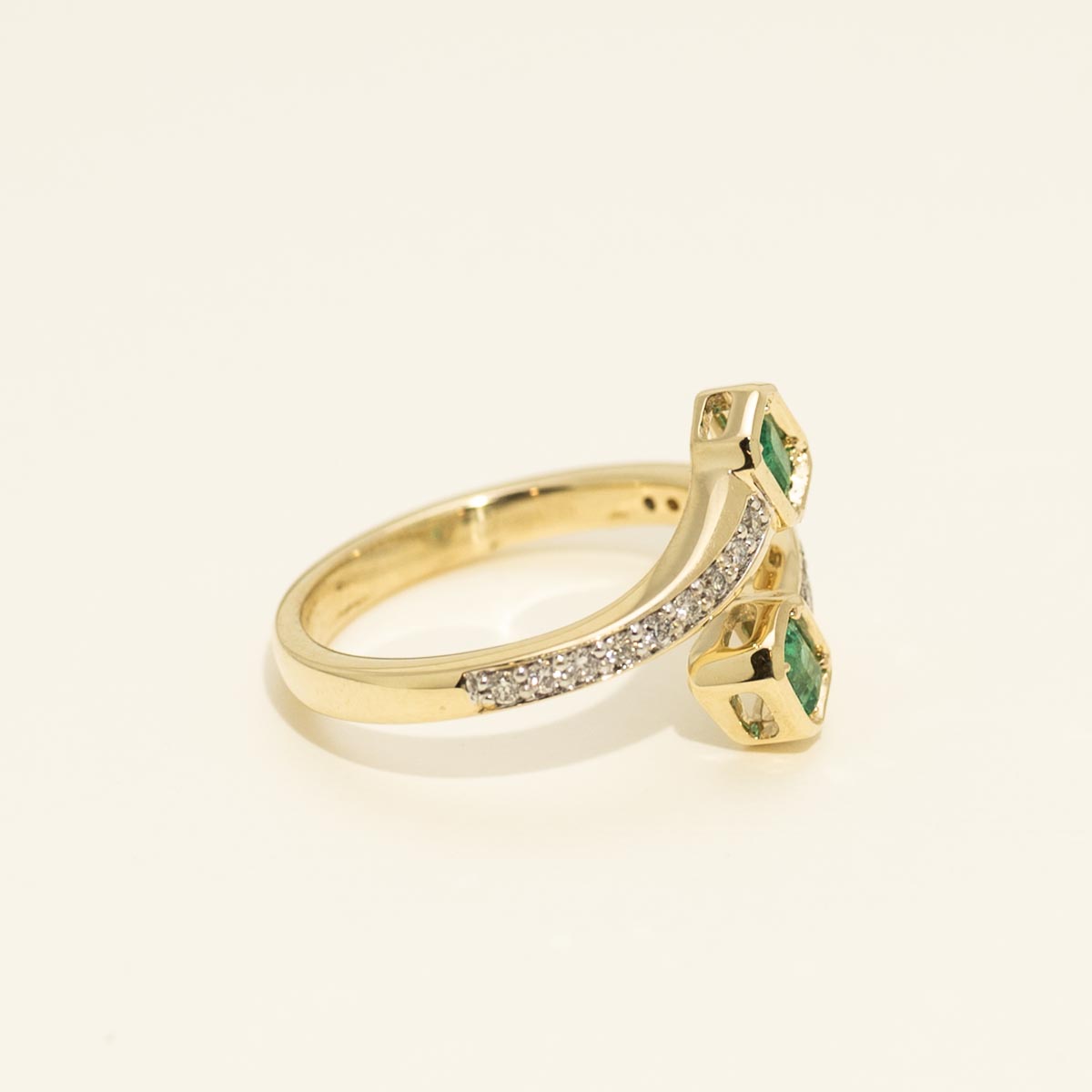 Two Stone Emerald and Diamond Bypass Ring in 14kt Yellow Gold (1/5ct tw)