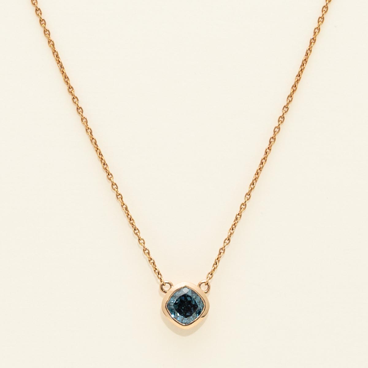 Cushion Cut Blue Diamond Bezel Necklace in 14kt Rose Gold (5/8ct tw)