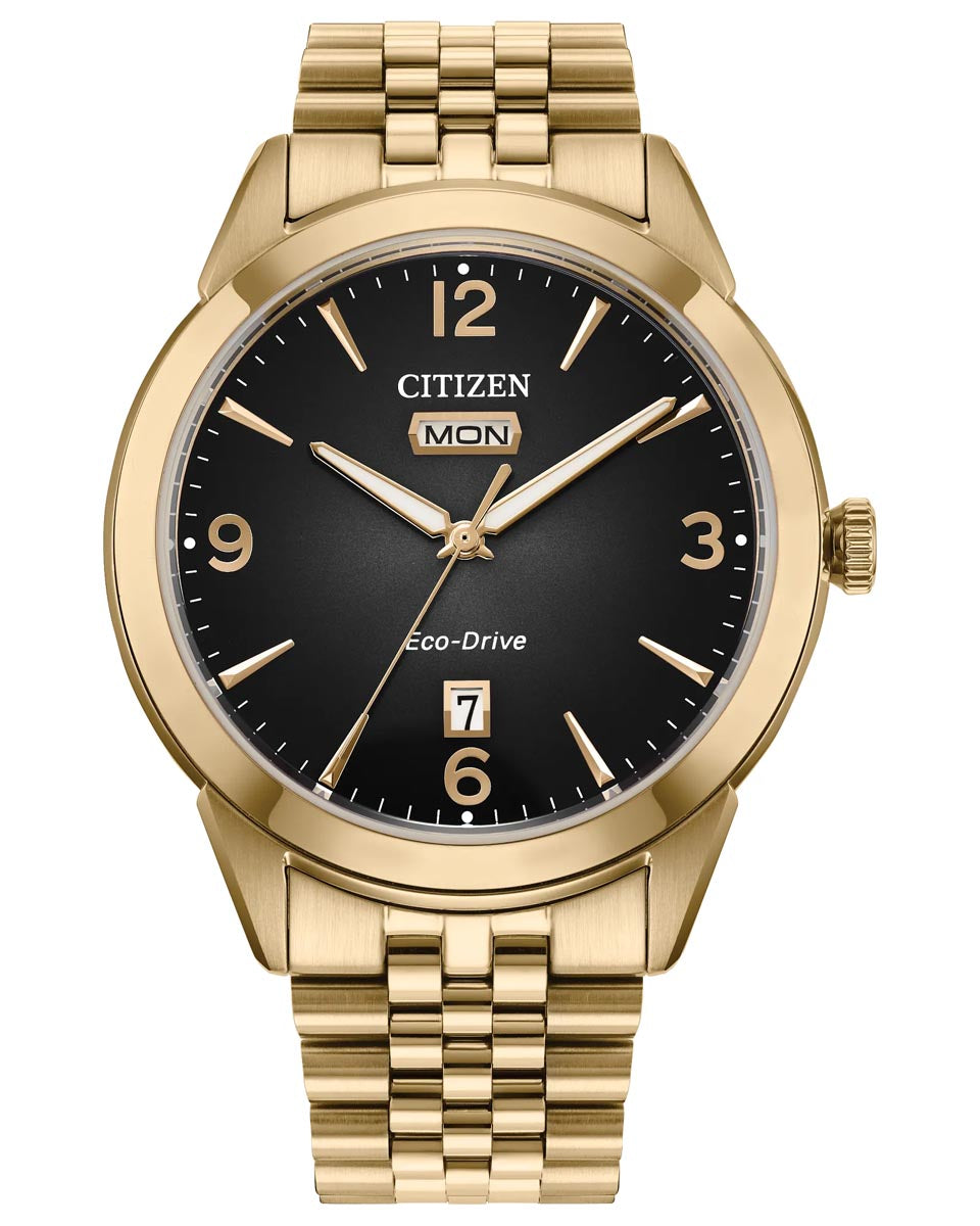 Citizen Rolan Watch with Black Dial and Yellow Gold Toned Stainless Steel Bracelet (eco-drive movement)