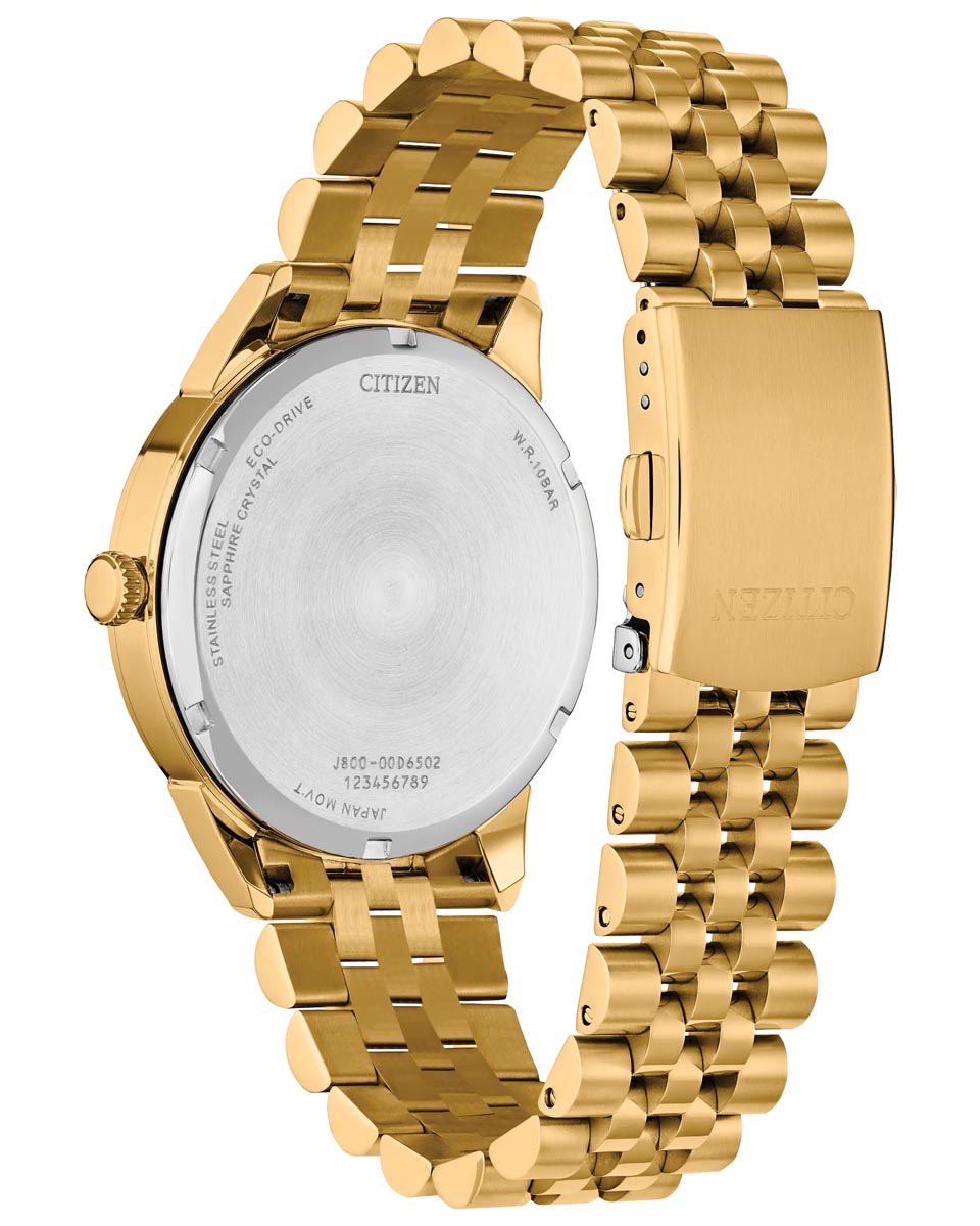 Citizen Rolan Watch with Black Dial and Yellow Gold Toned Stainless Steel Bracelet (eco-drive movement)