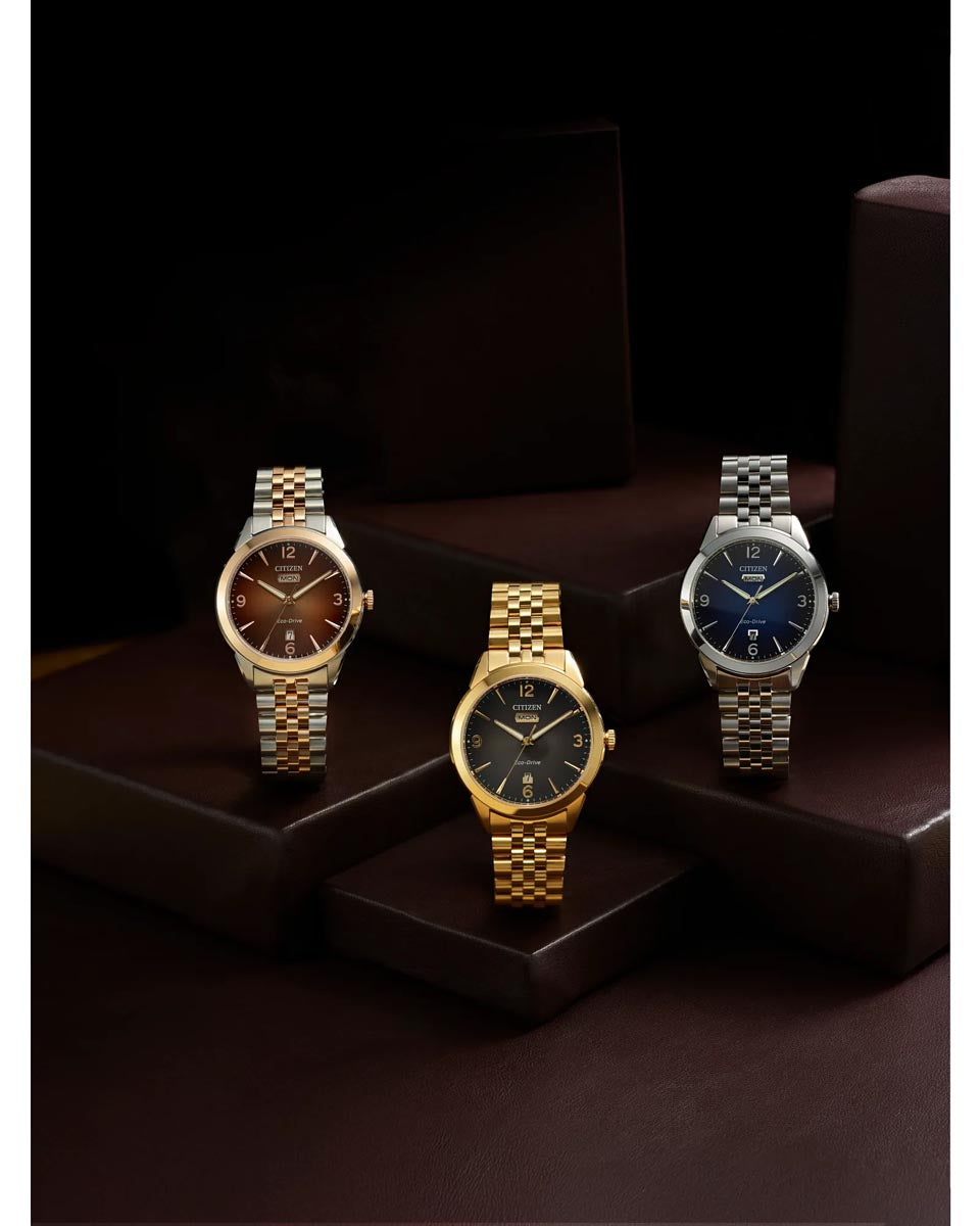 Citizen Rolan Watch with Black Dial and Yellow Gold Toned Stainless Steel Bracelet (eco-drive movement)