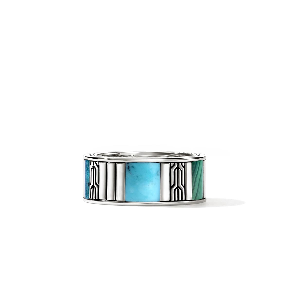 John Hardy Band in Sterling Silver with Treated Turquoise Malachite and Treated Chrysocolla (sz 10)