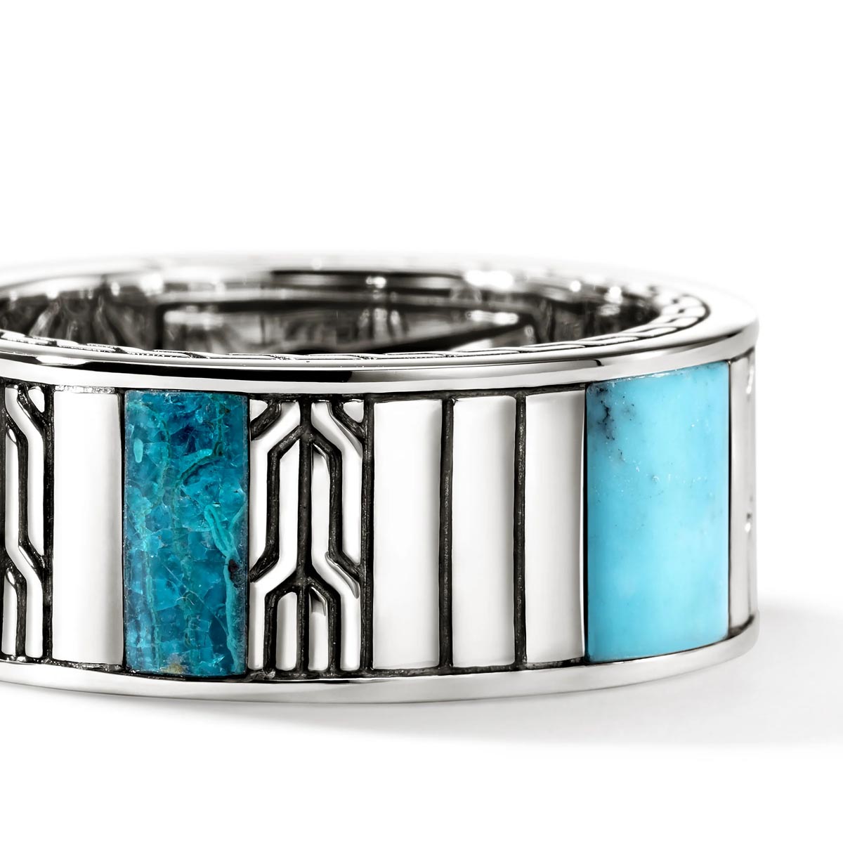 John Hardy Band in Sterling Silver with Treated Turquoise Malachite and Treated Chrysocolla (sz 10)