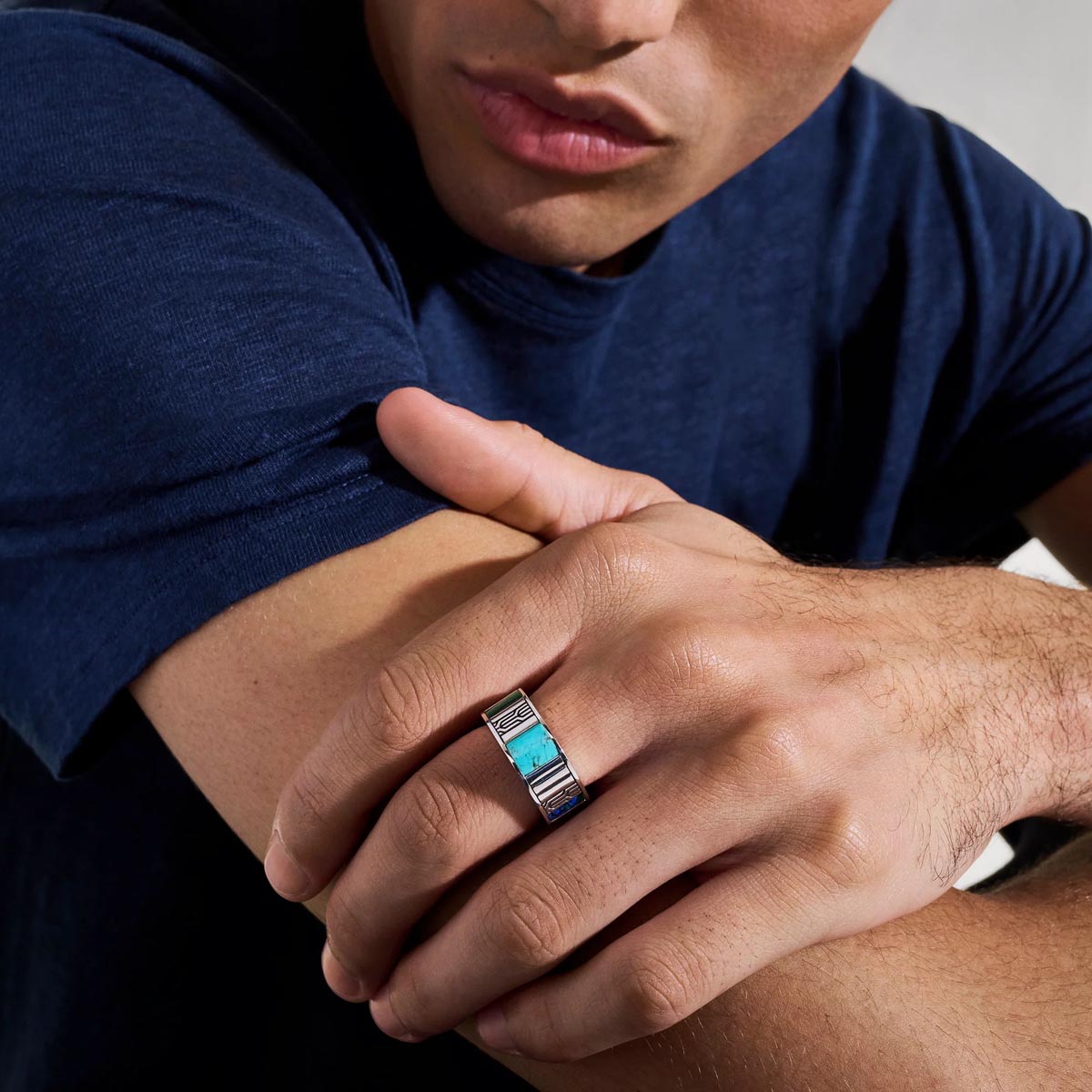 John Hardy Band in Sterling Silver with Treated Turquoise Malachite and Treated Chrysocolla (sz 10)