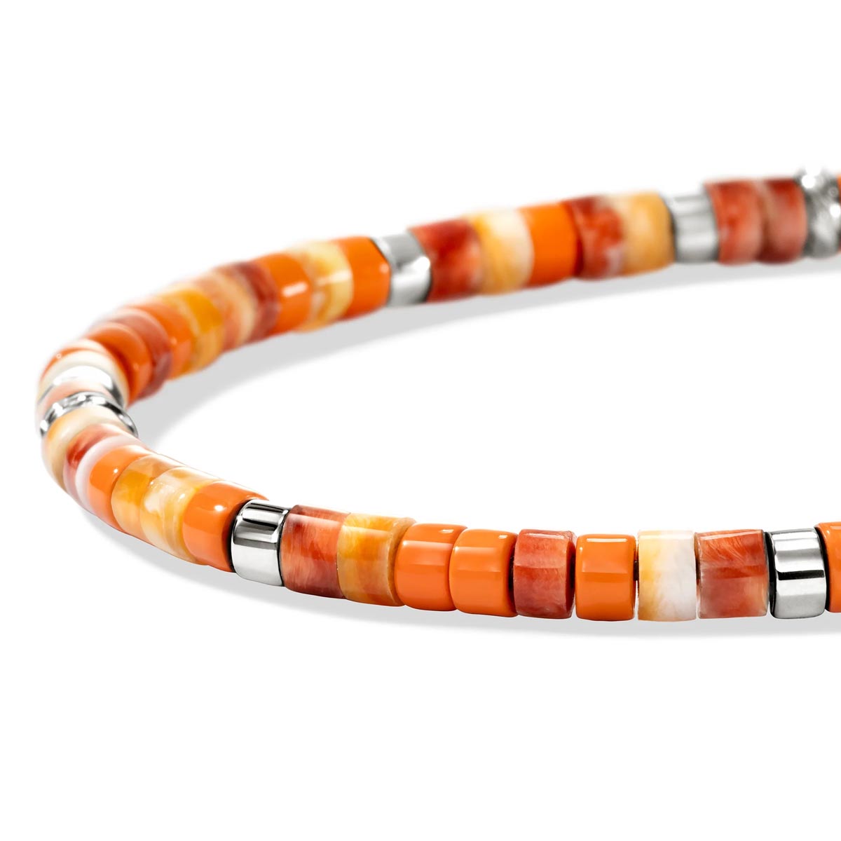 John Hardy Heishi Orange and Red Spiny Oyster Shell Bead and Orange Enamel Bead Bracelet in Sterling Silver (4mm beads)