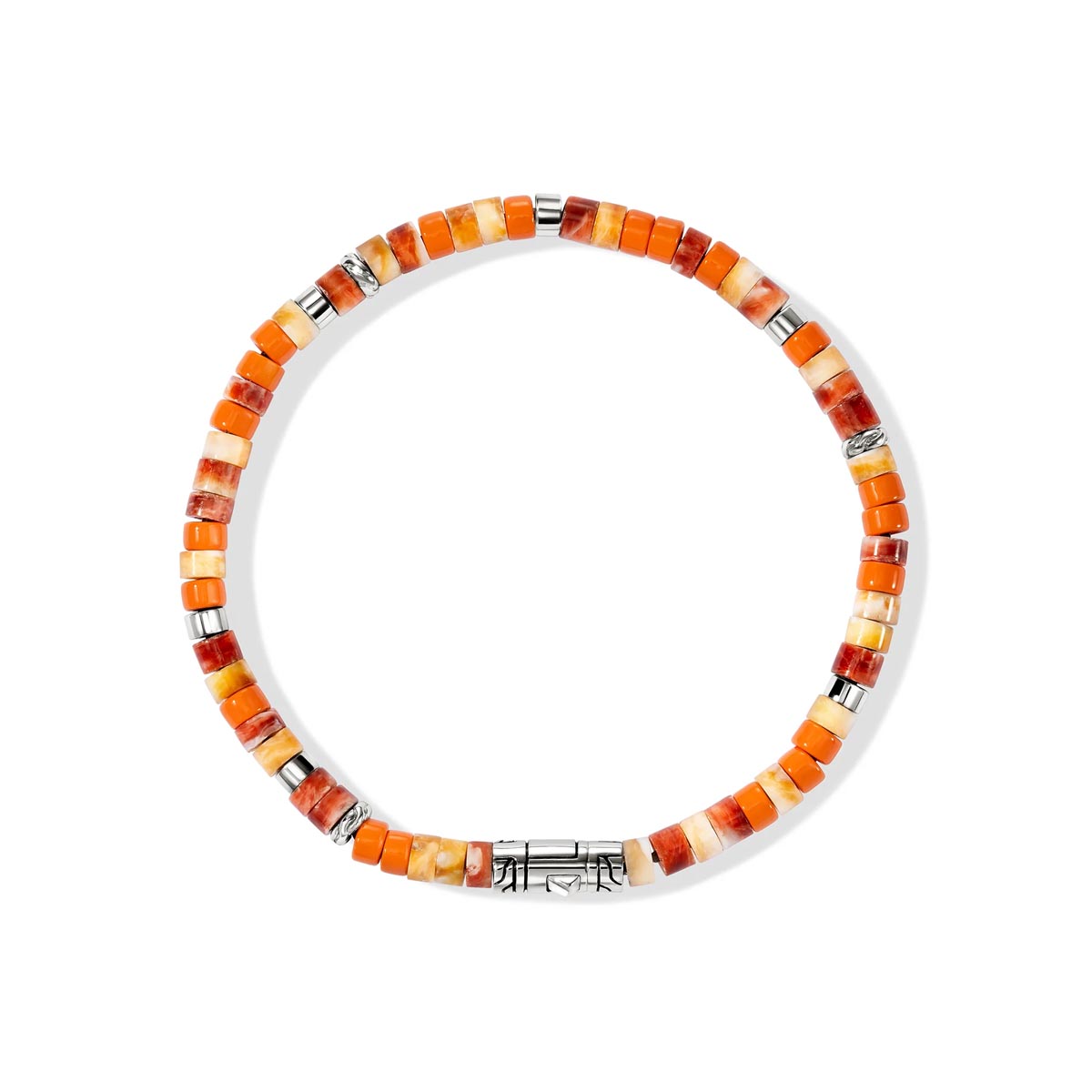 John Hardy Heishi Orange and Red Spiny Oyster Shell Bead and Orange Enamel Bead Bracelet in Sterling Silver (4mm beads)