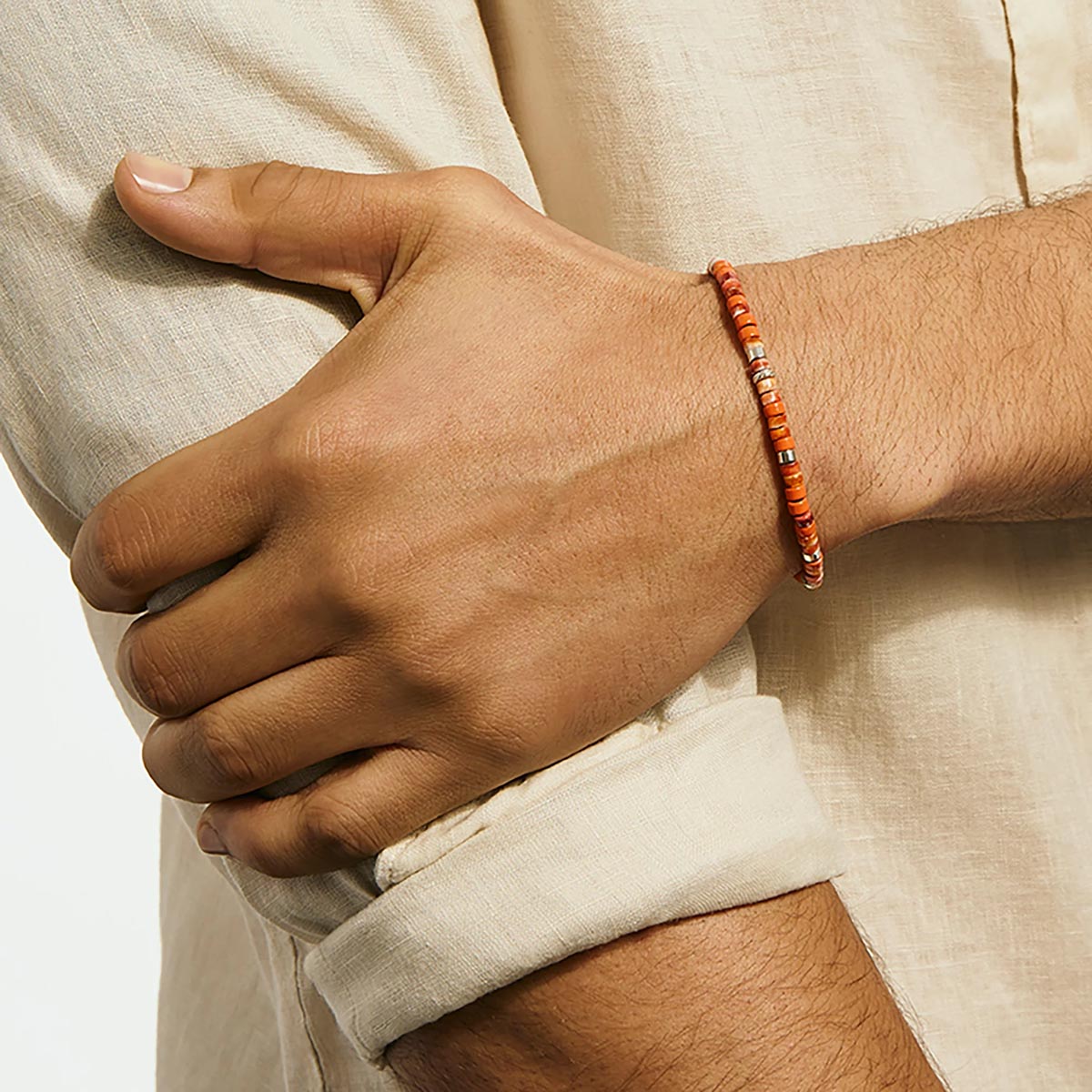 John Hardy Heishi Orange and Red Spiny Oyster Shell Bead and Orange Enamel Bead Bracelet in Sterling Silver (4mm beads)