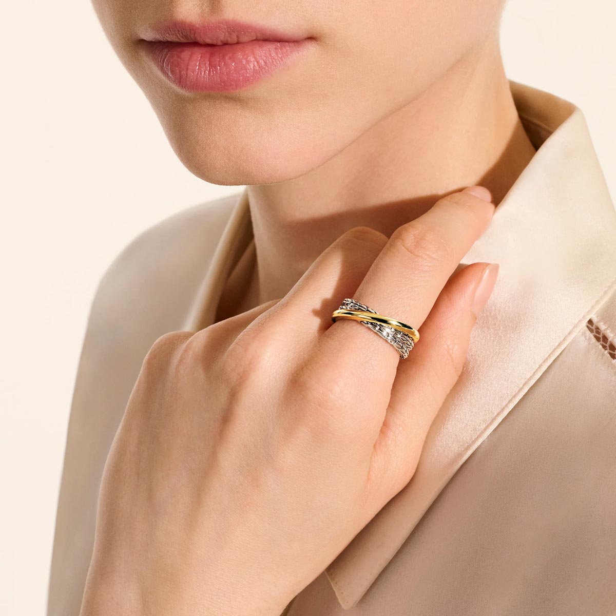 John Hardy Essentials Crossover Ring in Sterling Silver and 14kt Yellow Gold